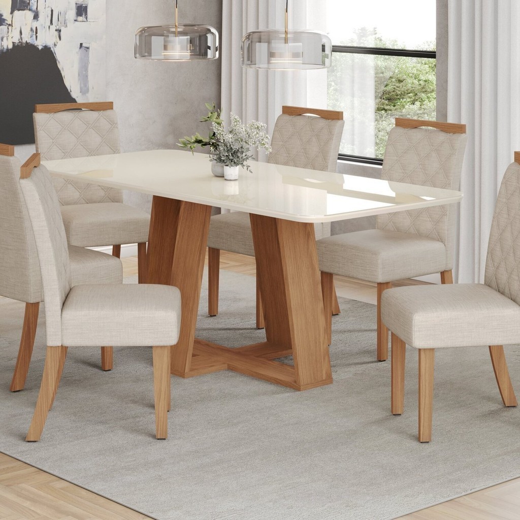 Conjunto Sala Jantar Mesa Lins 160cm Canto Arredondado com Vidro + 6 Cadeiras Bella Nature/Off White - Home & Living