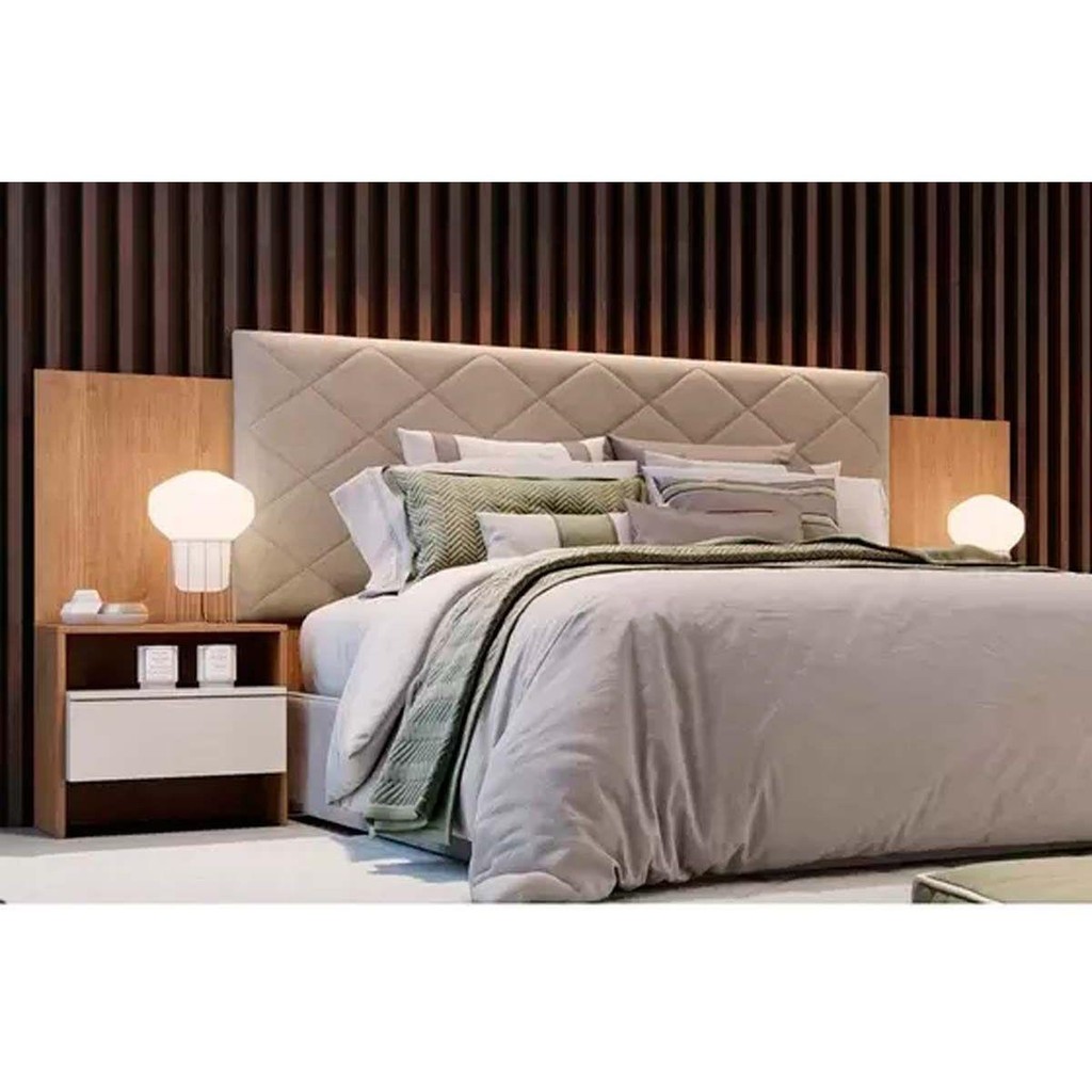 Cabeceira Cama Box Madeirado Cor Cumaru/Fendi Casal Everest Plus 2 Mesas c/ 2 Gavetas Cumaru/Fendi - Novo Horizonte - Home & Living