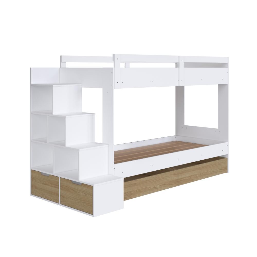 Cama Beliche Infantil com Escada e Nichos com 2 Gavetões Branco Marrom