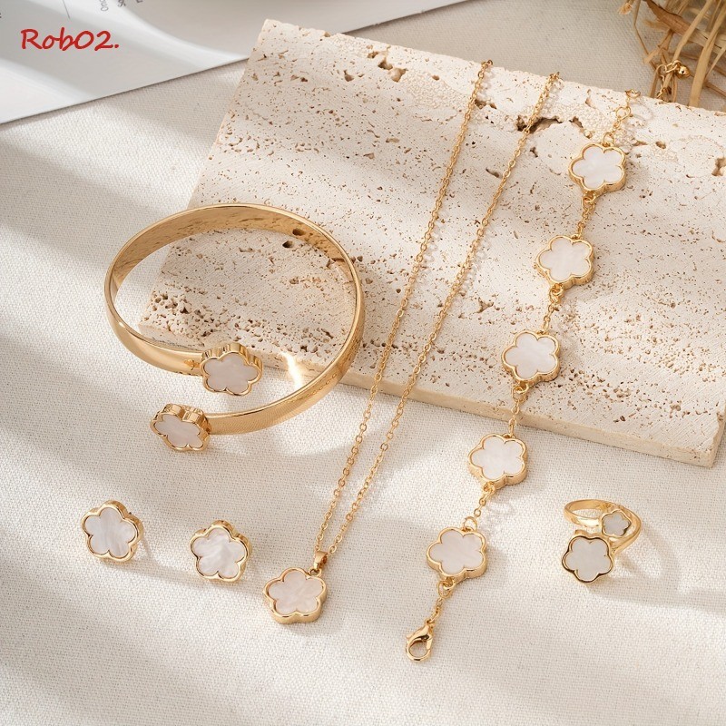 1/5pcs Novo Conjunto Coreano De Brincos De Cinco Folhas De Flor Colar Lucky Flower Design De Jóias Em Liga Presente