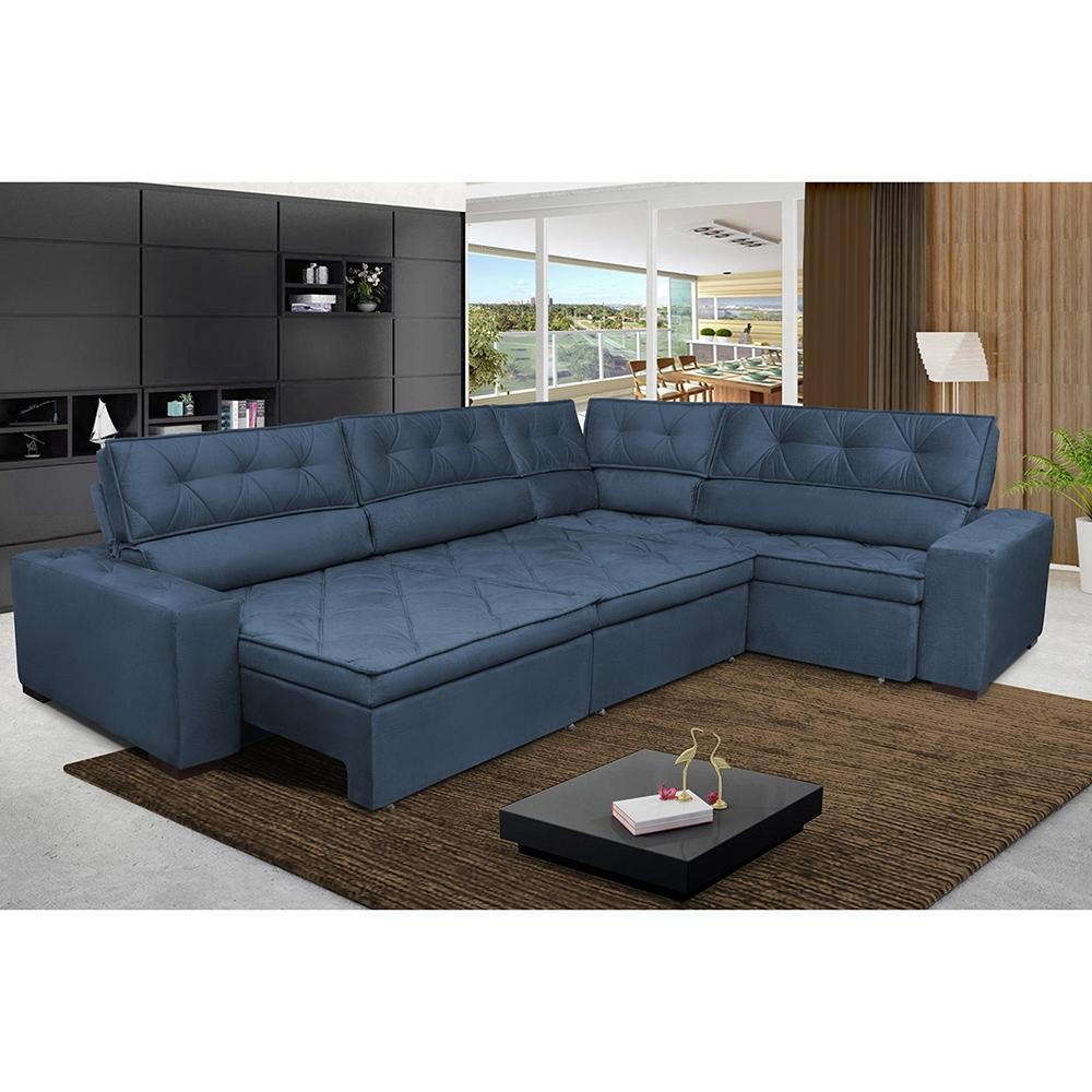 Sofa de Canto Retrátil e Reclinável com Molas Cama inBox Austin 3,45X2,44 ou 2,44X3,45 Velusoft Azul em Oferta na Shopee