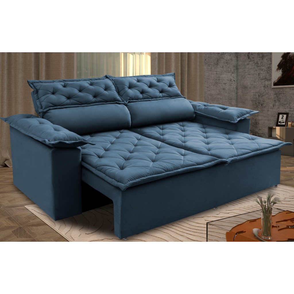 Sofá 3 Lugares Retrátil e Reclinável Cama inBox Compact 1,80m Velusoft Azul em Oferta na Shopee