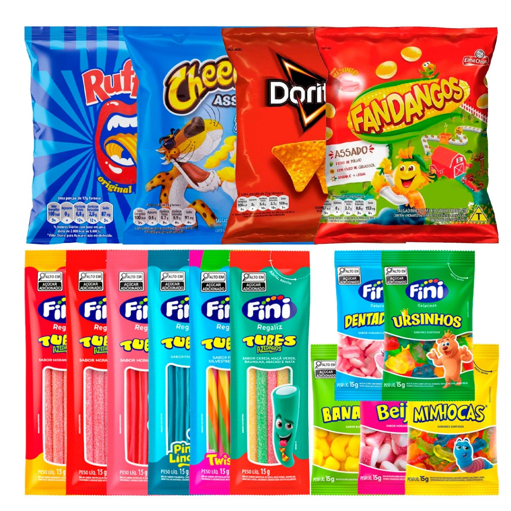 Kit 15 Salgadinhos Elma Chips + 15 Pacotes Bala Fini em Oferta na Shopee