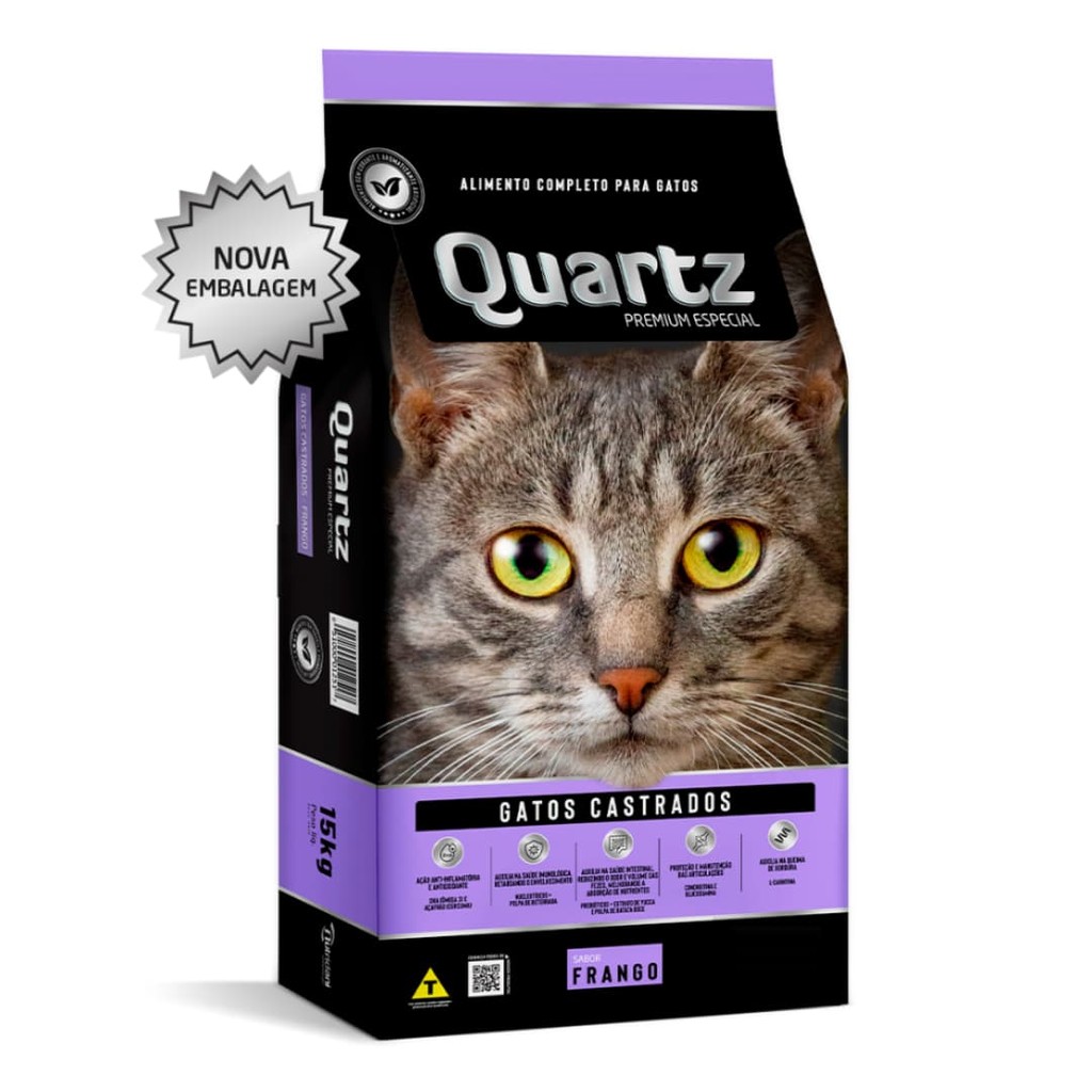 KIT com 5Kg Ração Quartz Gatos Castrados Frango