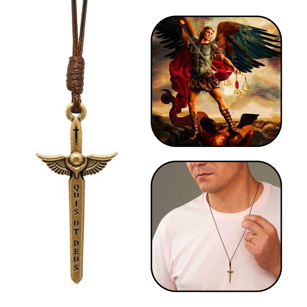 Colar Cordão Pingente Crucifixo Espada São Miguel Arcanjo