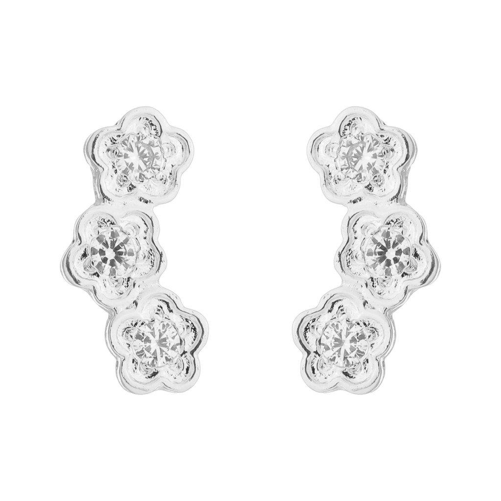 Brinco Ear Cuff 3 Flores Cravejado Zircônia Banhado a Prata 925