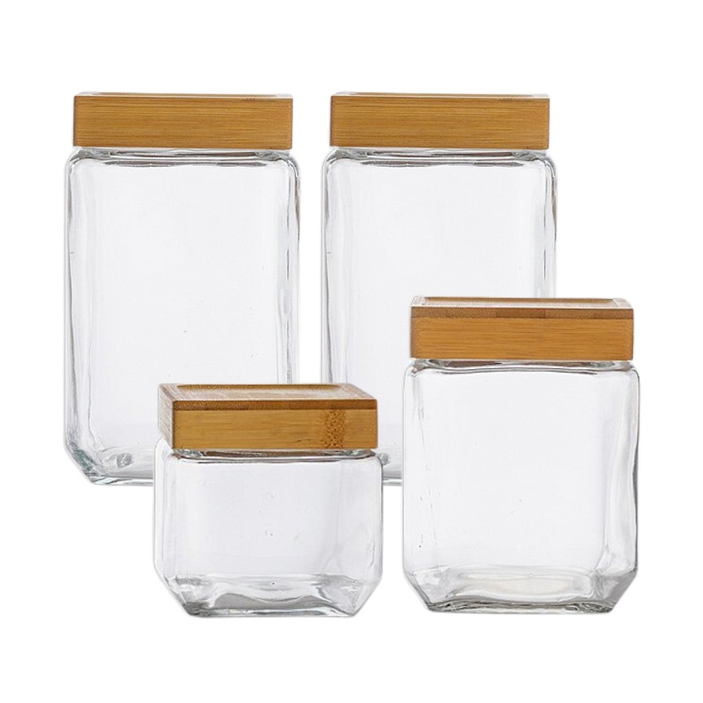 Kit 4 Pote Porta Mantimento Vidro Quadrado Tampa Bambu Moderno P M G Cozinha Luxo Premium Le Bianco