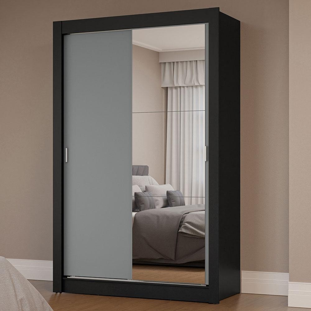 Guarda-Roupa Solteiro 2 Portas de Correr com Espelho Preto/Cinza Milano Madesa - Home & Living