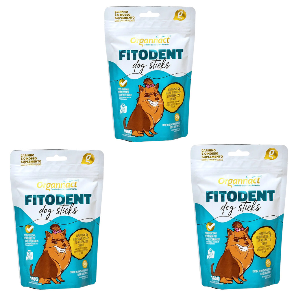 Kit 3 Petisco Fitodent DOG Sticks P/ Cães 160g - Organnact