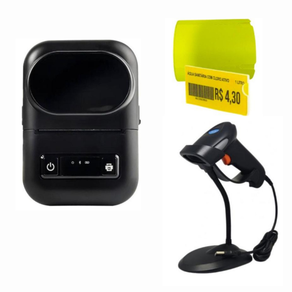 Mini Impressora + Leitor + 5 Rolos Etiquetas Gôndolas 50x30