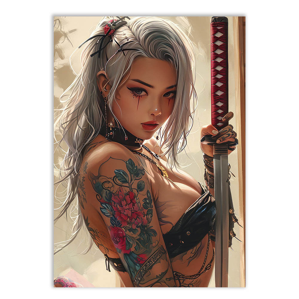 Placa Decorativa Garota Sexy E Katana Tattoo Ilustração Decoração Poster Quarto Sala