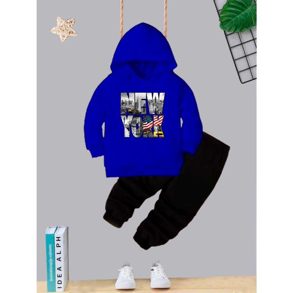 Kit Conjunto de Moletom Flanelado Blusa de Frio + Calça Infantil Kids Tens Juvenil City Nova York Coqueiro Bolso e Capuz
