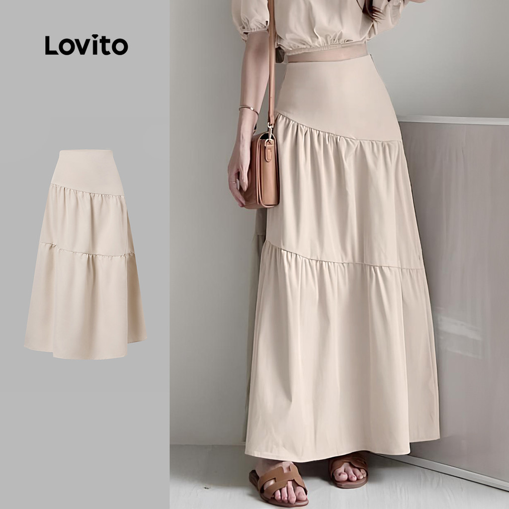 Lovito Saia Casual em Camadas Assimétrica Leve Cáqui para Primavera/verão para mulheres LBL26049 - Women Clothes