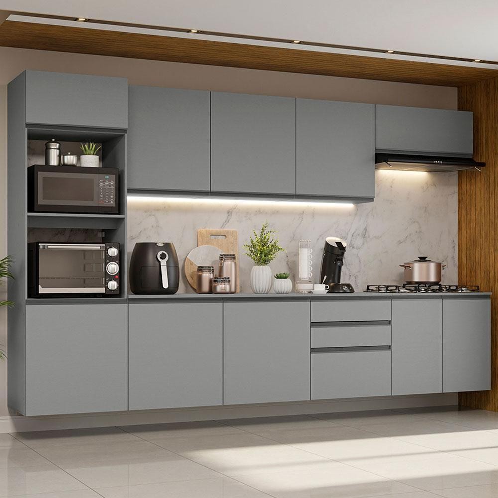Armário De Cozinha Completa Suspenso 320Cm Cinza
