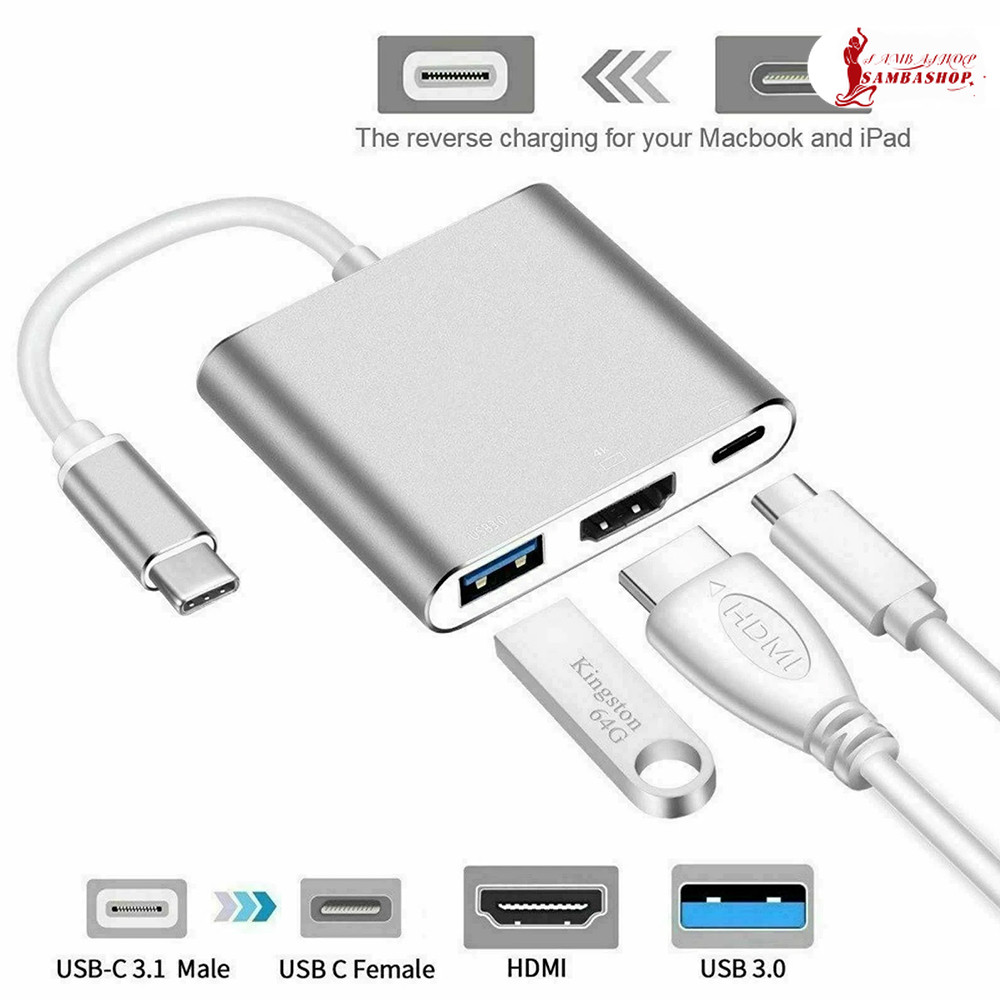 Conversor 4K 3 Em 1 Tipo C HDMI USB 3.0 Cabos Dados Carregador 12W Alumínio Celular
