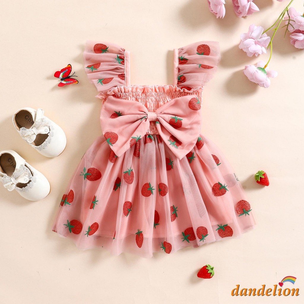 Vestido De Tule Princesa Com Estampa De Morango E Manga Plissada Para Bebês Meninas