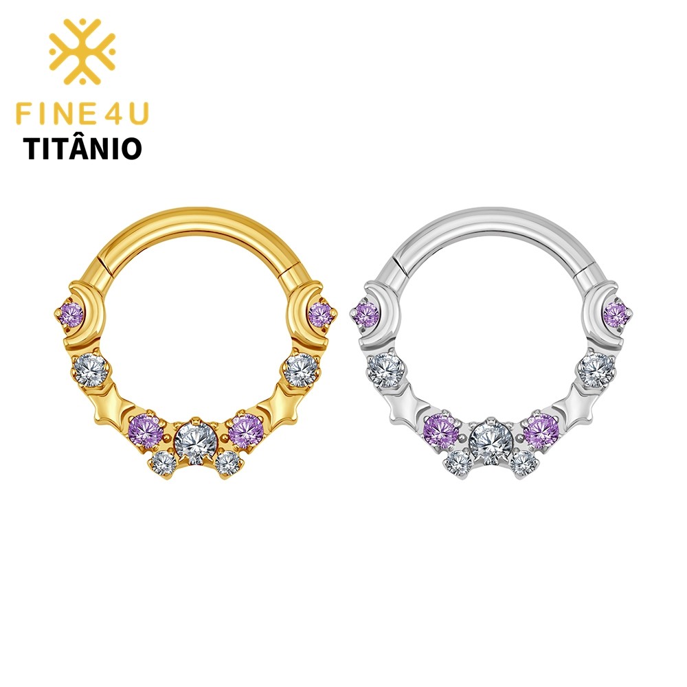 FINE4U Piercing Titânio Septo Daith Argola Lua Estrela Clicker 16G CZ Segmento Articulado Hoop