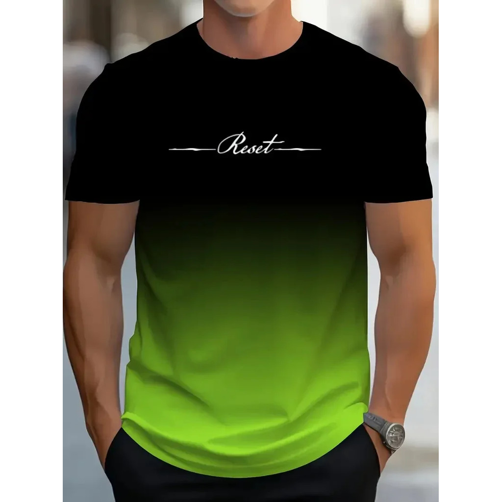 Camiseta Masculina Gradiente Reset Carta 3D Impressa Verão Ao Ar Livre Esportes Casuais Secagem Rápida Manga Curta Topo 