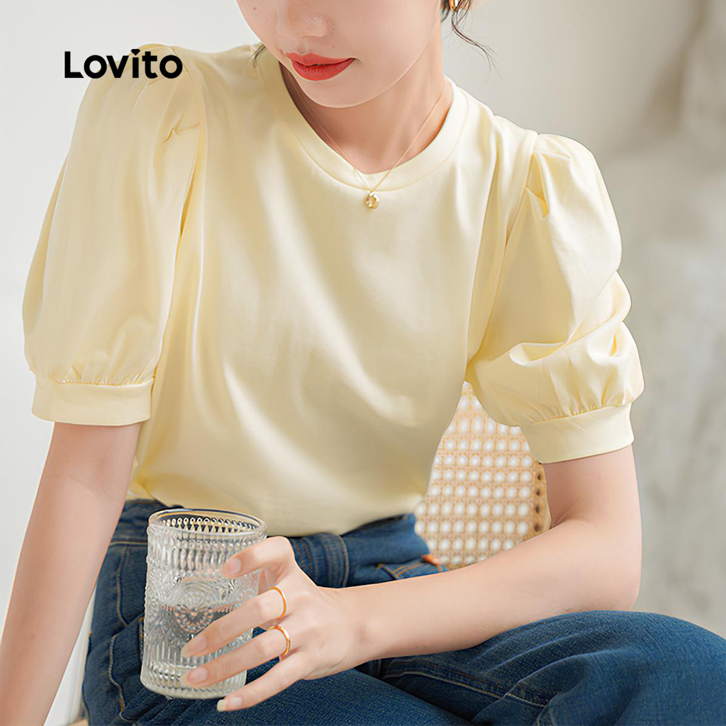 Lovito Blusa Casual De Férias Com Franzido Toque Macio Amarela Para Primavera/verão L137LD344 em Oferta na Shopee