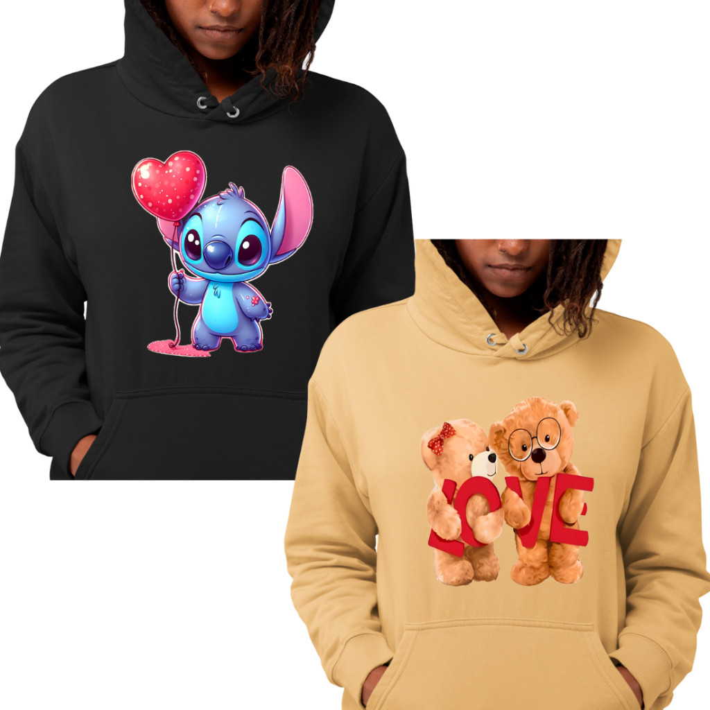Kit 2 Casacos Moletom Feminino Lilo Stitch Balão E Ursos Love Supe Fofos Algodão Confortável