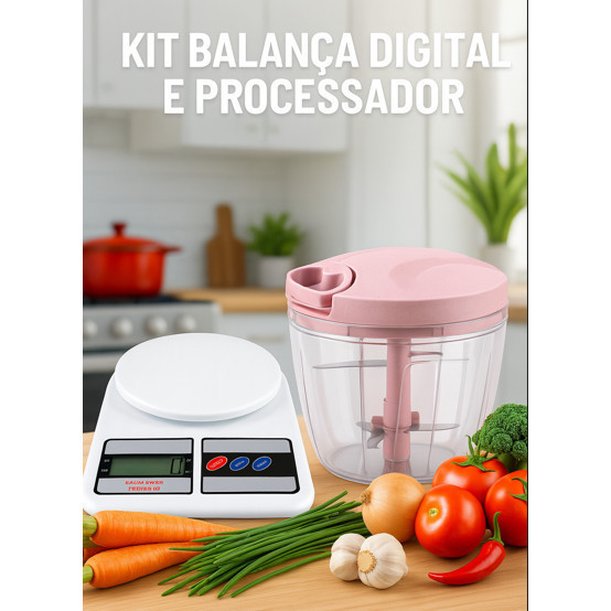 Kit Balança Digital 10Kg e Processador De Alimentos Cozinha Restaurante Medidor Alimentos Casa