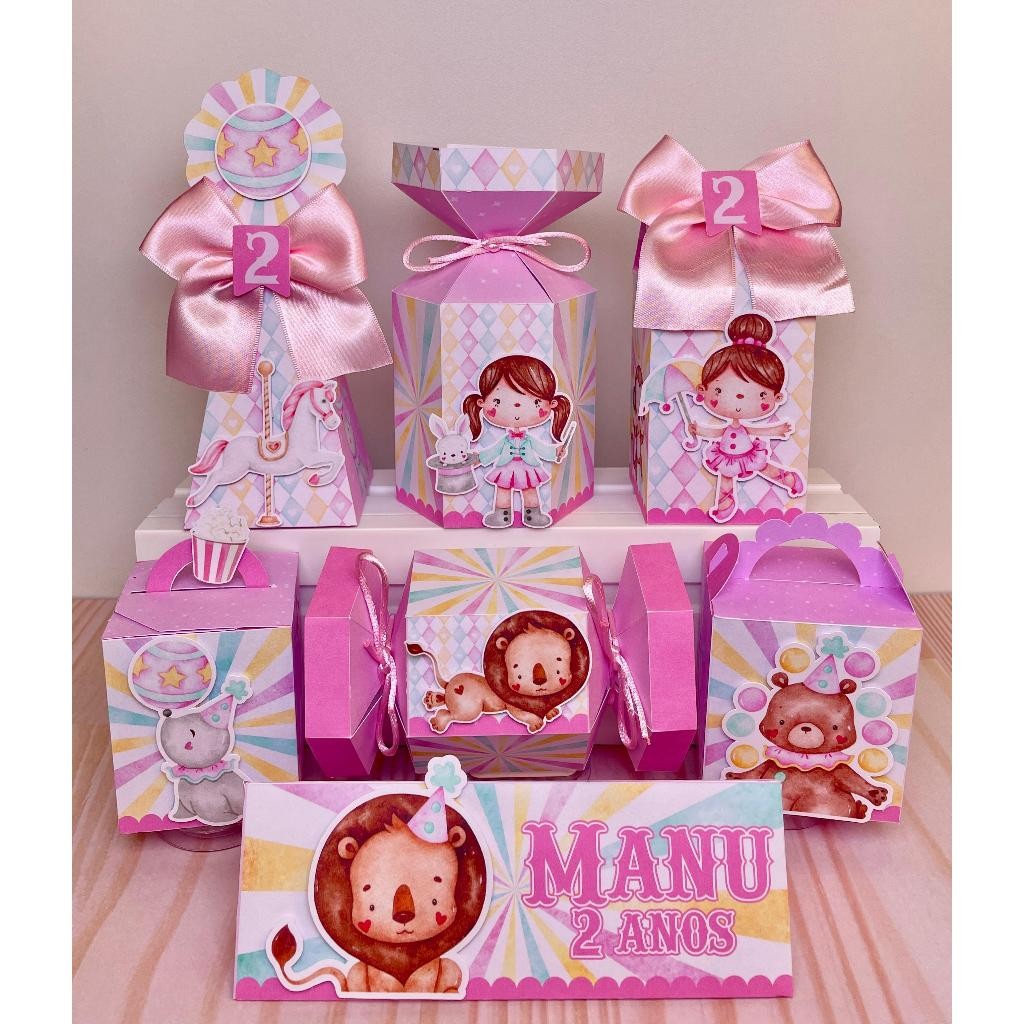 kit festa de aniversário Circo Rosa Candy Menina aniversário lembrancinha caixinha personalizada PEGUE E MONTE