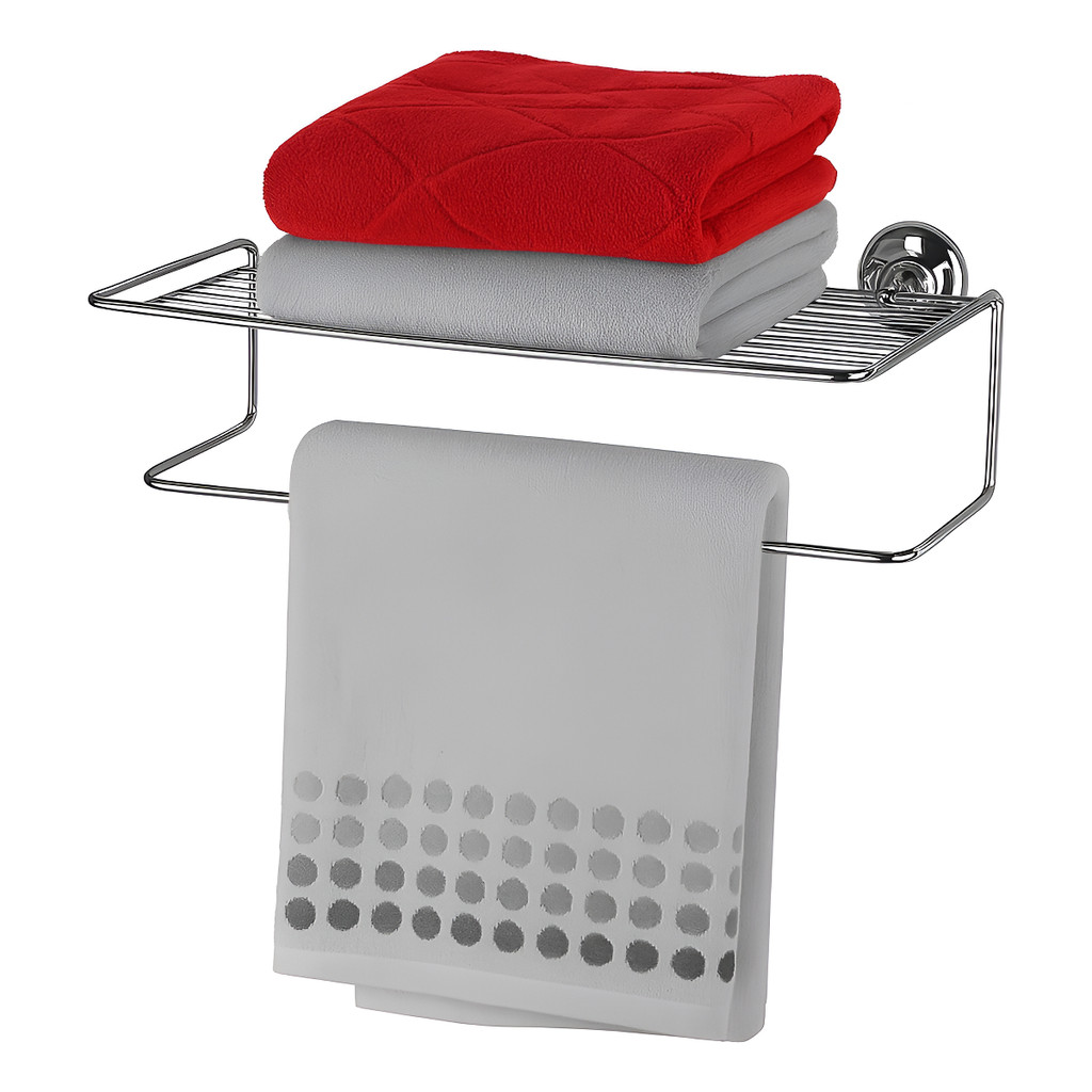 Porta Toalha Cromado Com Ventosas Duplo Com Prateleira 45 Cm Aço Inox Praticità Future
