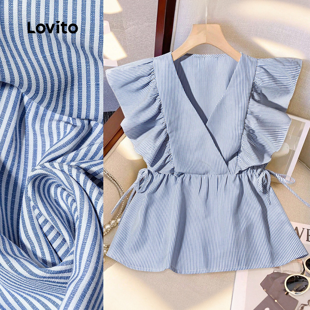 Lovito Blusa Casual com Babados Linha de Estrutura Listrada Primavera/verão Blusa Azul para mulheres L138ED507