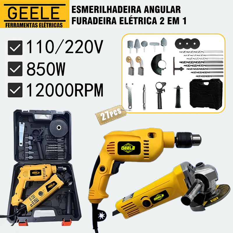 Kit Furadeira  Parafusadeira E Lixadeira Esmerilhadeira 850W 12000rpm e Maleta de Transporte Com Acessórios GEELE