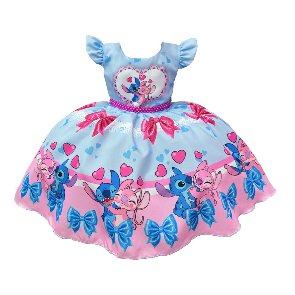 Vestido De Festa Infantil Lilo e Stitch Coração Angel Festa Luxo Azul Menina 4 ao 12 anos