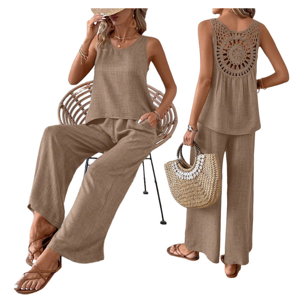 Conjunto Feminino Casual com Regata Vazado e Calça Pantalona de Cintura Alta em Oferta na Shopee