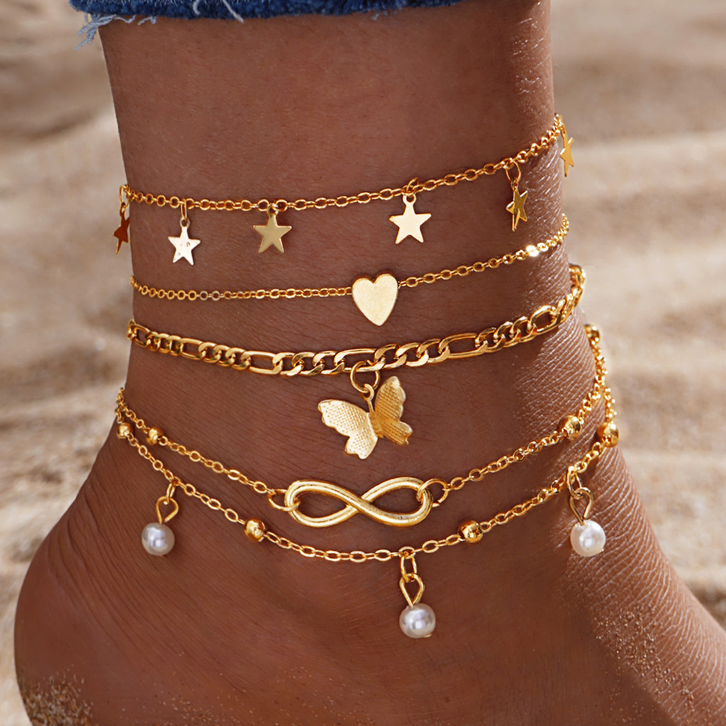 Conjunto de 4 Tornozeleiras Metálicas com Estrela - Pulseira de Tornozelo Feminina Empilhável Praia Boho Chique