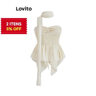 (Trendy) Lovito Regata Casual Lisa Assimétrica Com Cordão E Renda Em Tecido Texturizado Para Mulheres L106AD418 em Oferta na Shopee