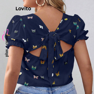(Trendy) Lovito Blusa Curva Plus Size Blusa Casual Com Nó Borboleta Para Mulheres LBL19347 em Oferta na Shopee