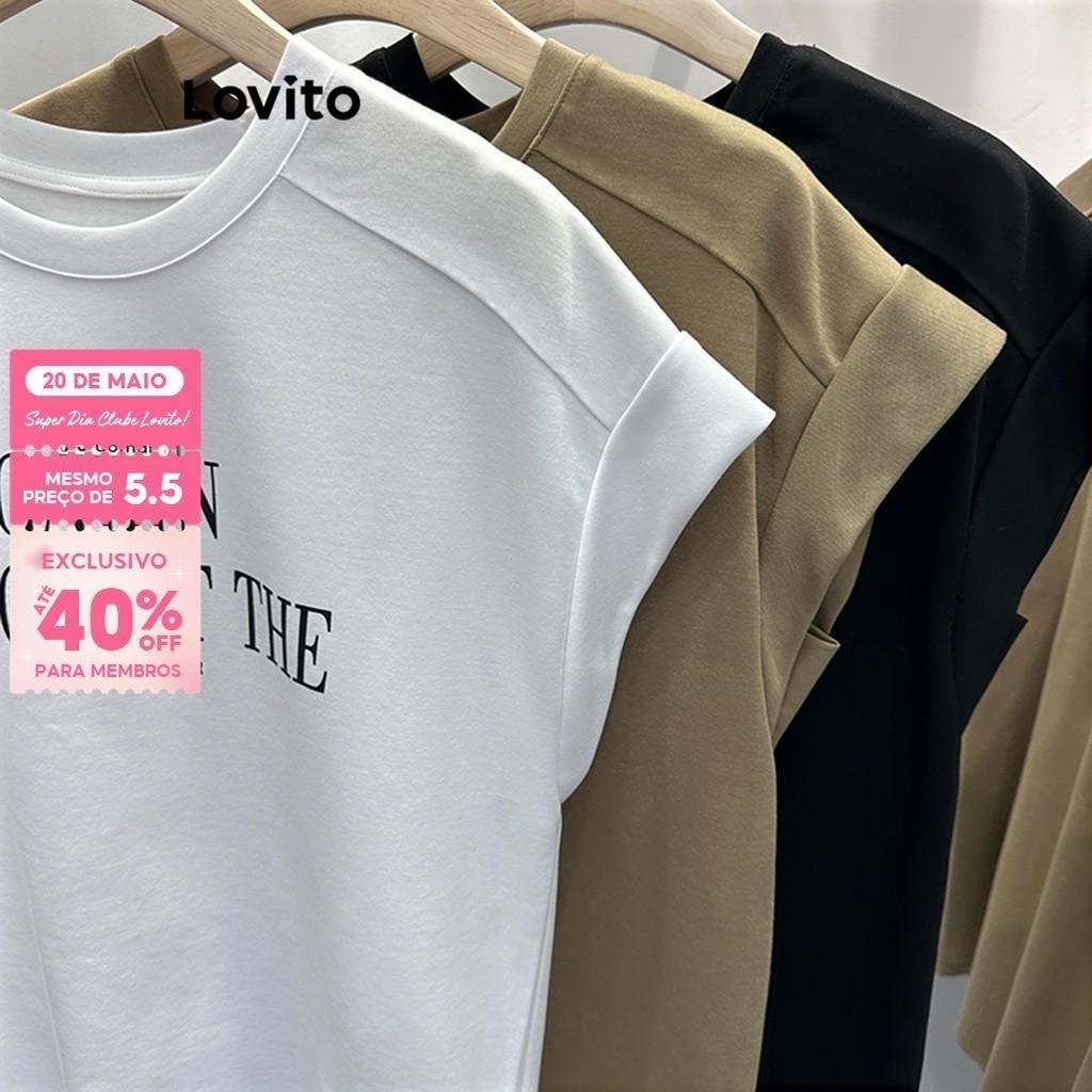 (Trendy) Lovito Camiseta Casual Acolchoada Com Letras Básicas Para Mulheres LNA24019 (Cáqui/Branco/Preto) em Oferta na Shopee