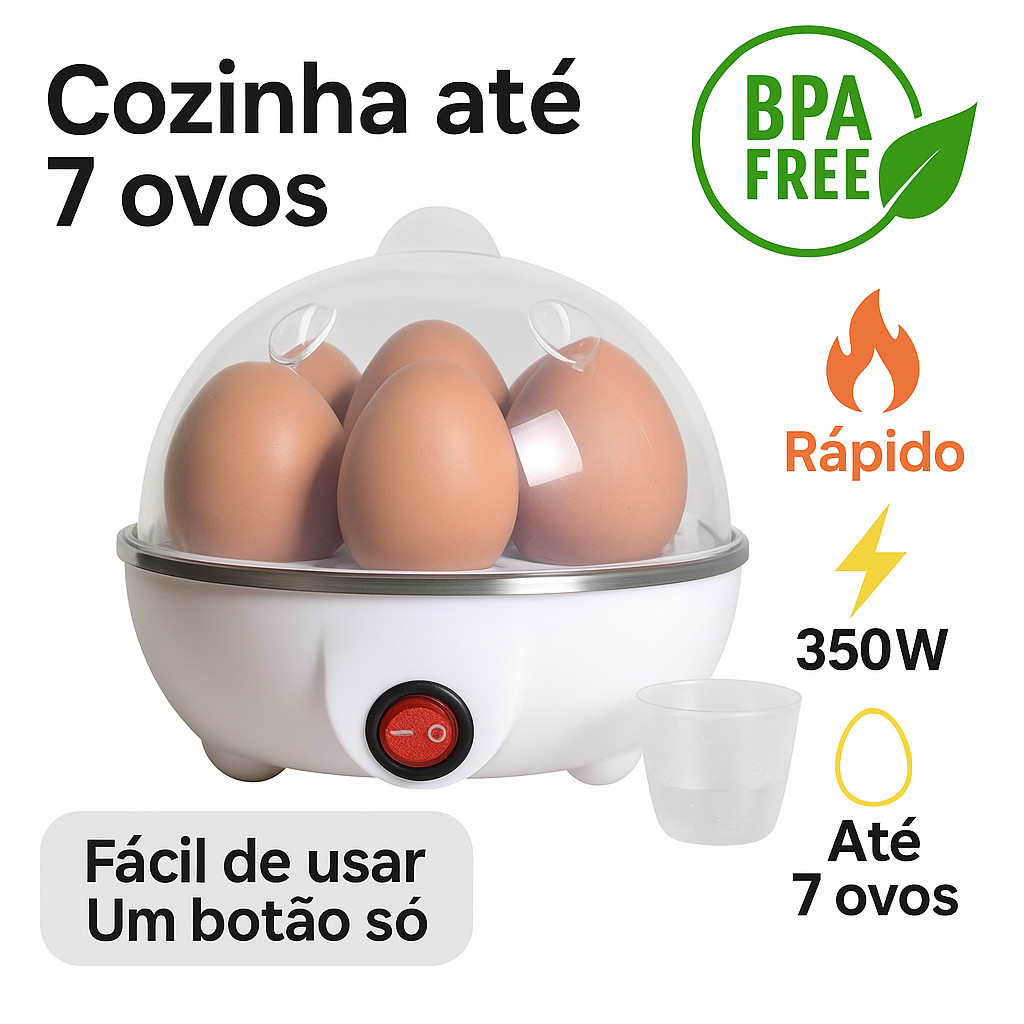 Cozedor de Ovos Elétrico 350W | Até 7 Ovos | Cozinha Rápida a Vapor | BPA Free + Medidor Incluso em Oferta na Shopee