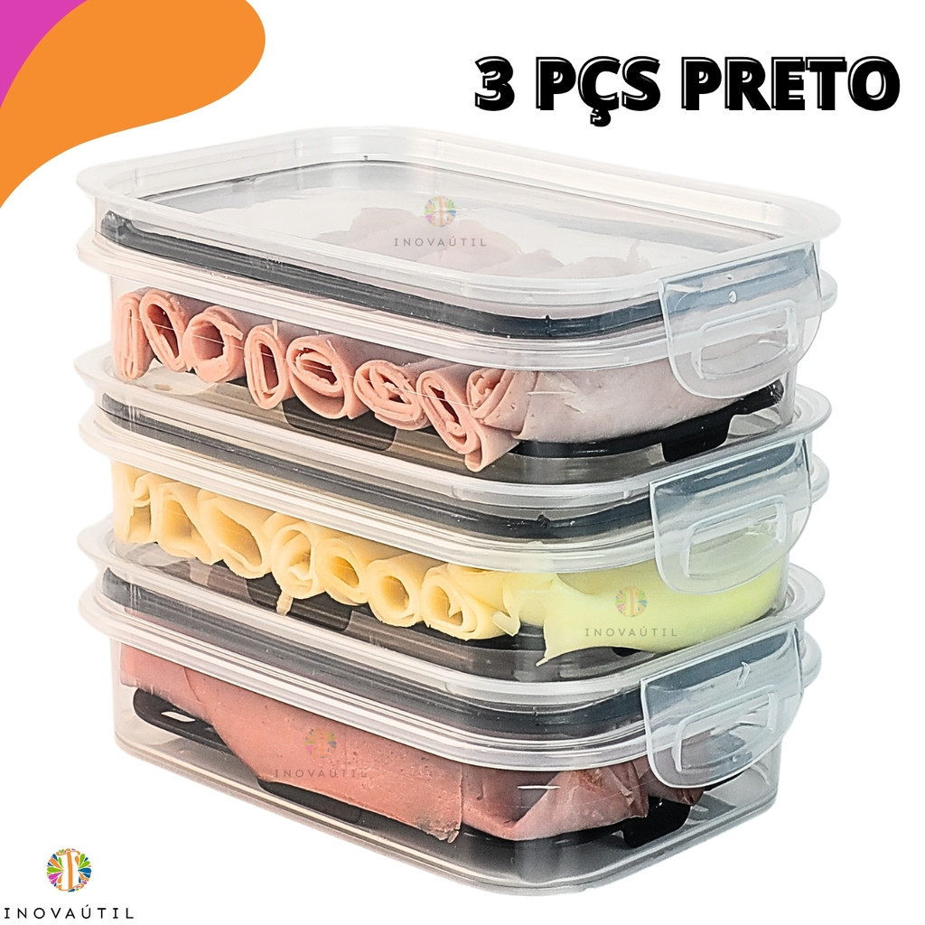 Porta Frios 3 Peças 500ml Tampa Hermética Borracha de Vedação Preta Queijo Presunto Mortadela