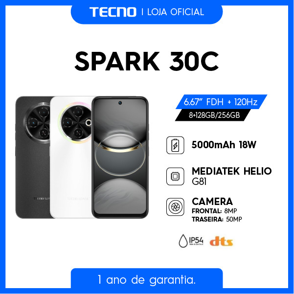 Celular Tecno SPARK 30C 8+256GB Câmera Quatro Traseira 50MP bateria 5000 mAh em Oferta na Shopee