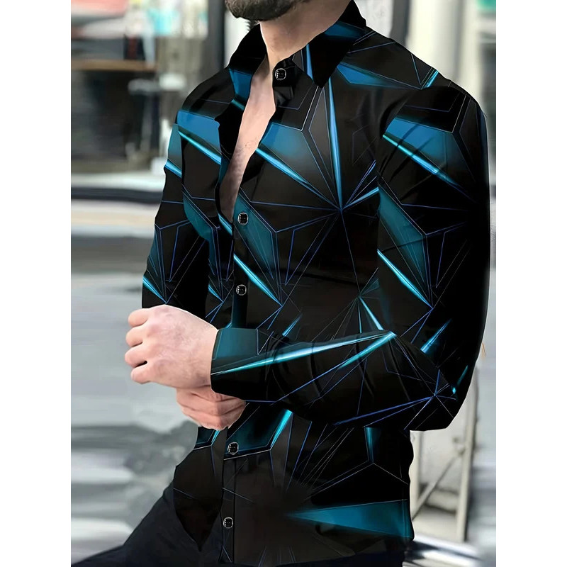 2025 Linhas Ópticas Impressas Camisas Masculinas Moda Camisa De Manga Longa Impressão 3D Casual Verde Verão Primavera Ro