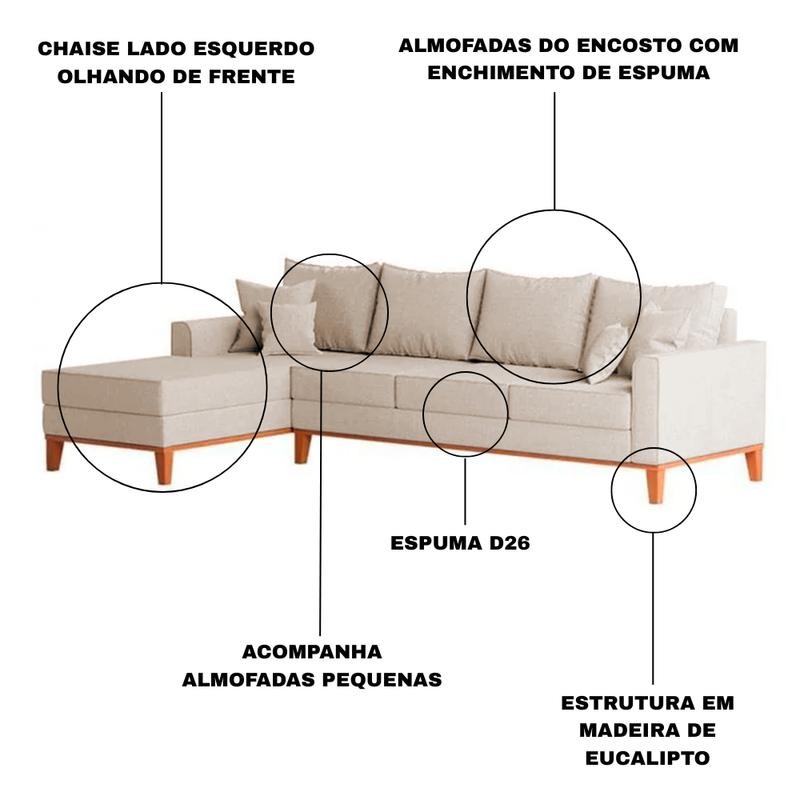 Sofá 4 Lugares Beny com Chaise Esquerdo Linho Bege