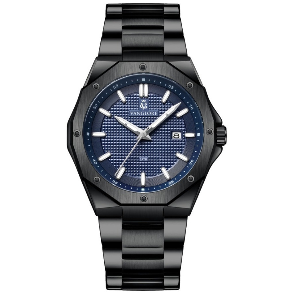 Relógio Masculino Preto Mostrador Azul Octogonal 42mm Ponteiro Luminescente Vanglore Legacy