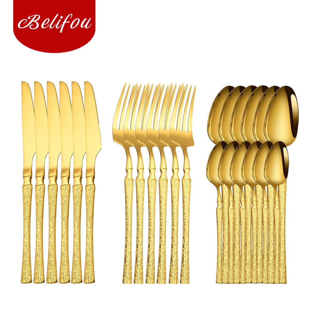 Belifou Kit 24 Jogo De Talheres Aço Inoxidável 416 Cintura Fina Textura Dourado - Vesta