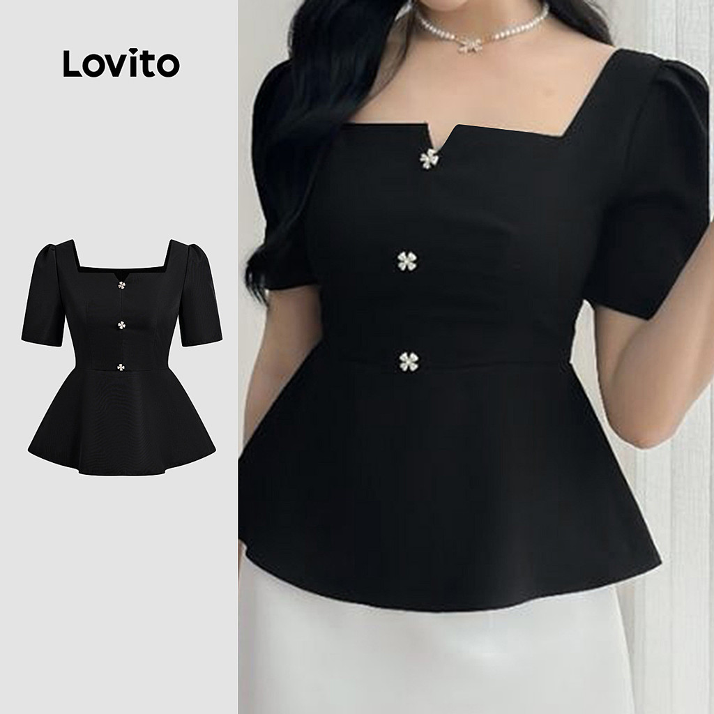 Lovito Blusa Elegante de Pérolas com Espinhos Primavera/verão Blusa Preta para Mulheres L143ED366