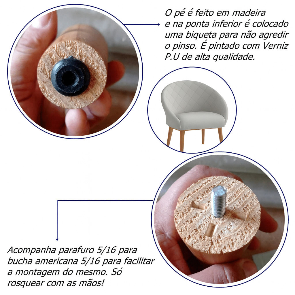 Kit 4 Pés Palito 35 cm com Chapinha Inclinada 10° – Ideal para Poltrona, Cadeira ou Puff