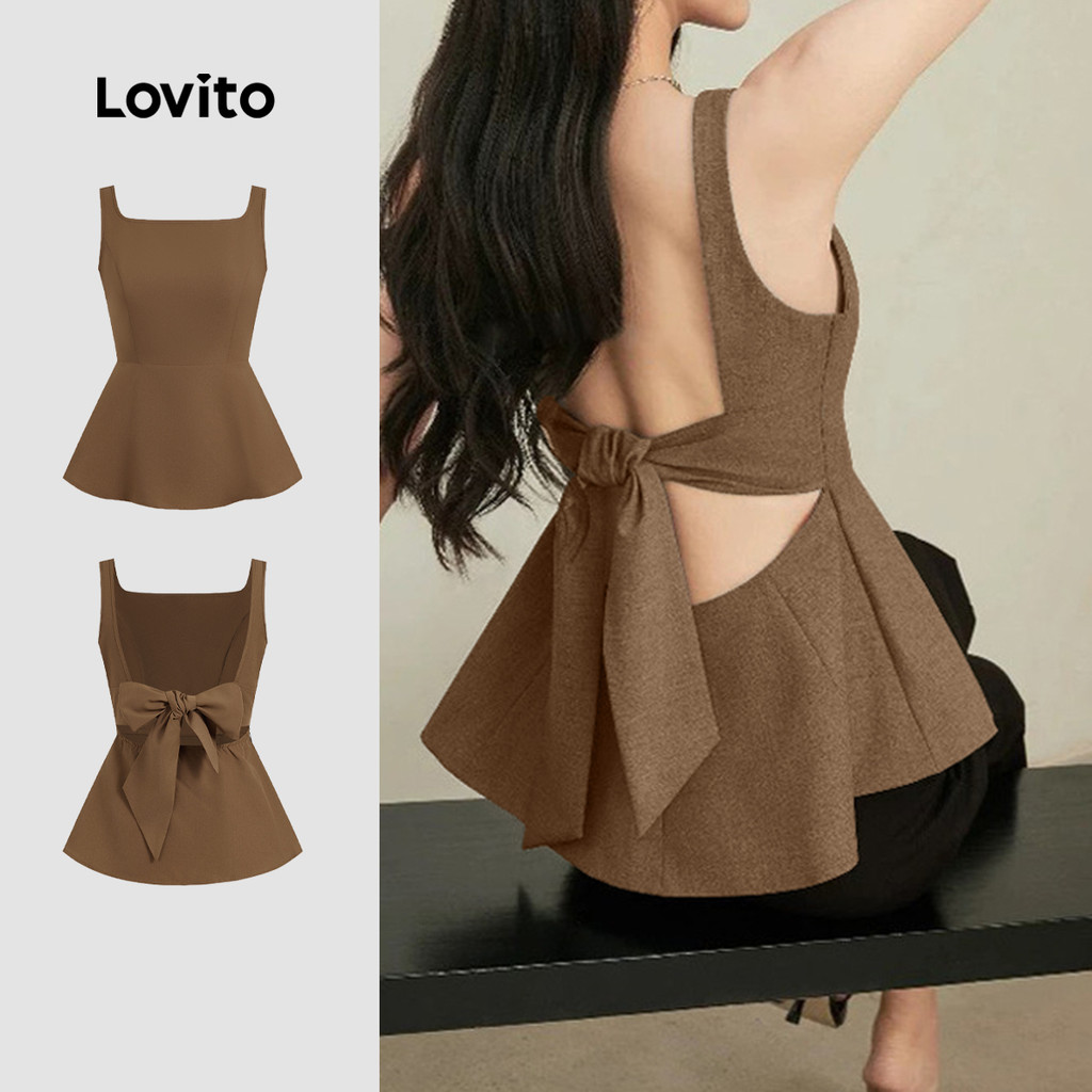 (New) Lovito Blusa Elegante com Laço Nas Costas  Sem Costas  Primavera/verão  Marrom  para Mulheres L142LD443 em Oferta na Shopee
