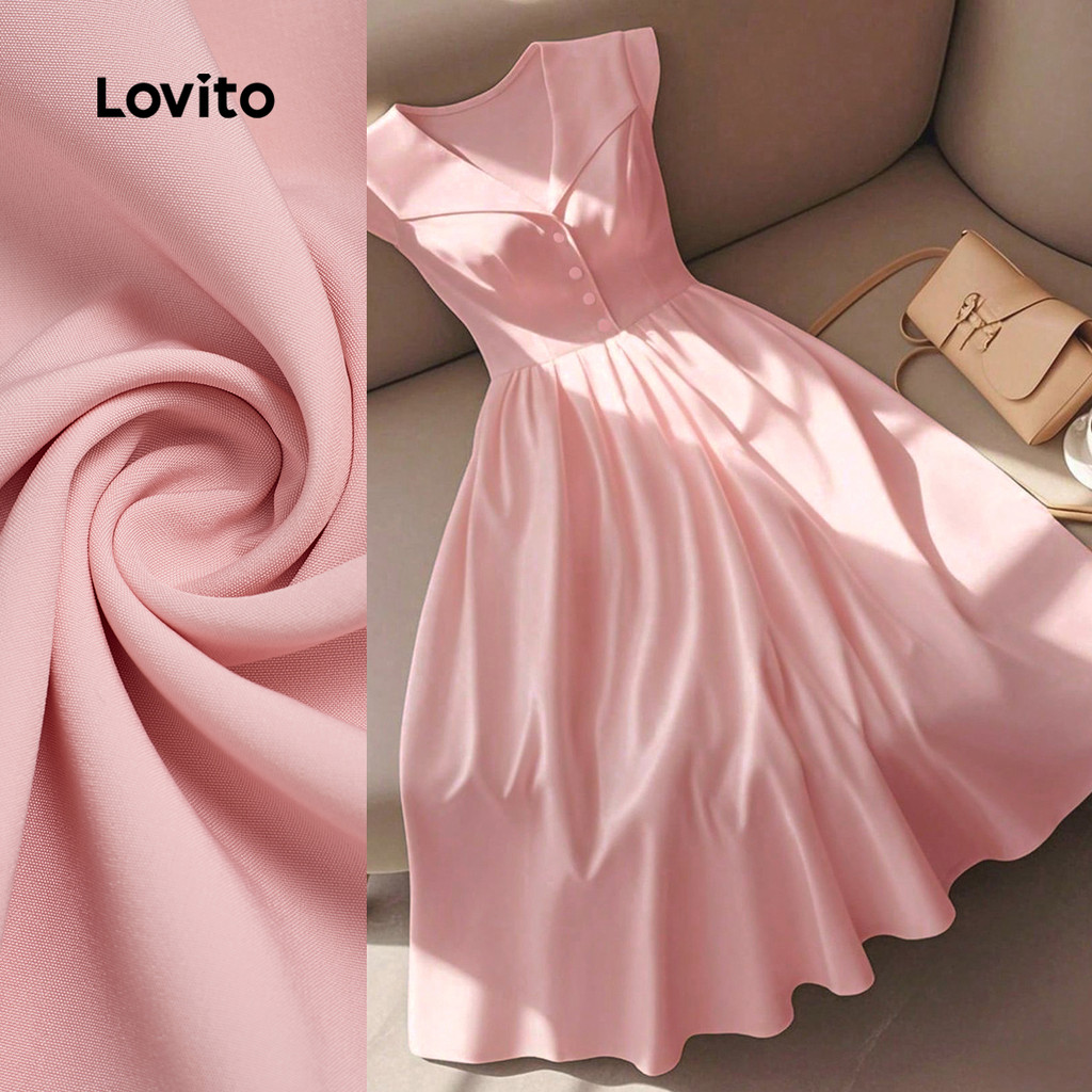 (New) Lovito Vestido Elegante com Botões  Drapeado  Primavera/verão  Vestido Rosa para mulheres LBL27316 em Oferta na Shopee