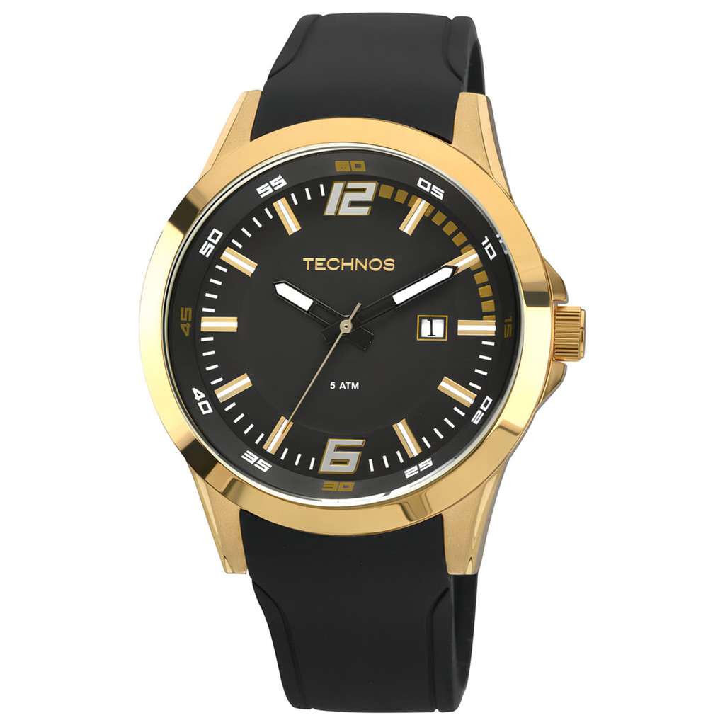 Relógio Pulso Masculino Technos 2115KPU8P Racer Basico Dourado Fundo Preto Analógico Pulseira Silicone Prova D'água 50m