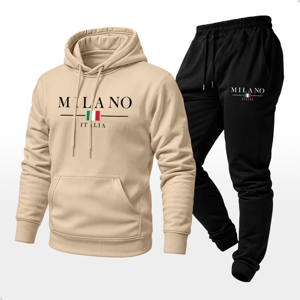 Conjunto Moletom Unissex Estampado Milano Itália Calça e Blusa Com Capuz Bolso Canguru
