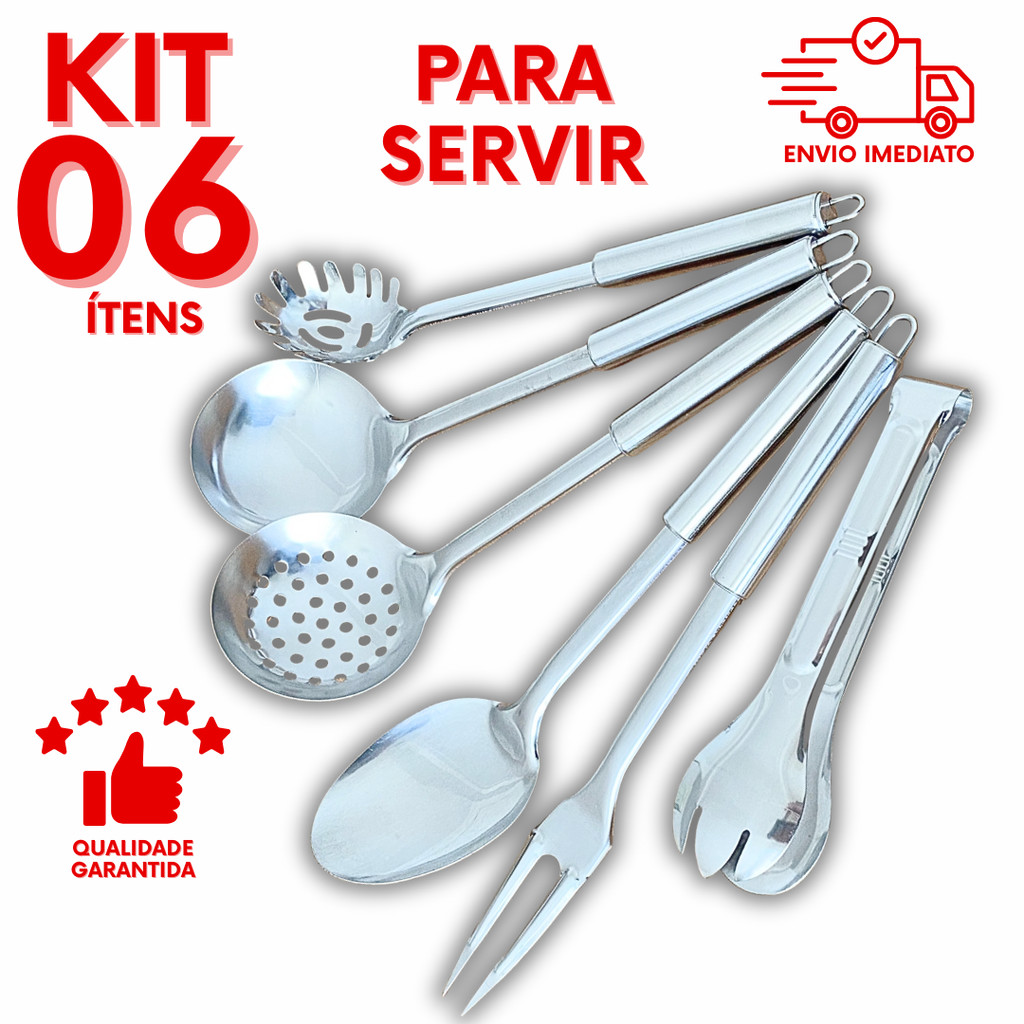 Jogo 6 Utensilio Inox Servir Colher Concha Escumadeira Pegador Massa Garfo Trinchante Pegador Salada Natal Ceia Decora