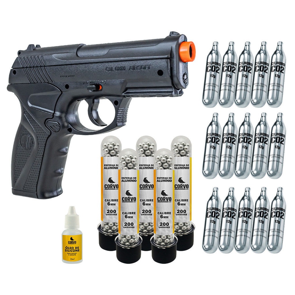 PISTOLA WINGUN AIRSOFT C11 de CO2 ESFERAS ALUMÍNIO + 15 co2 + 05 Esferas 6mm + Óleo
